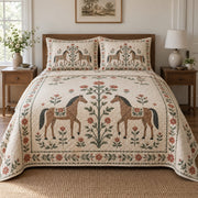 Cream Folk Stable Horse Folk Garden Quilt Set, front horse folk garden bedroom view