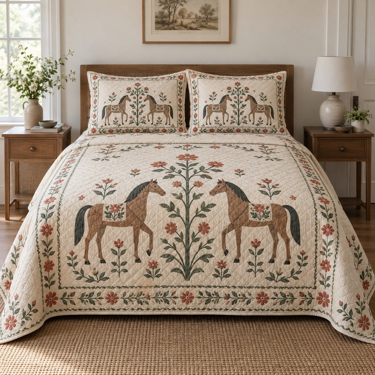 Cream Folk Stable Horse Folk Garden Quilt Set, front horse folk garden bedroom view