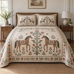 Cream Folk Stable Horse Folk Garden Quilt Set