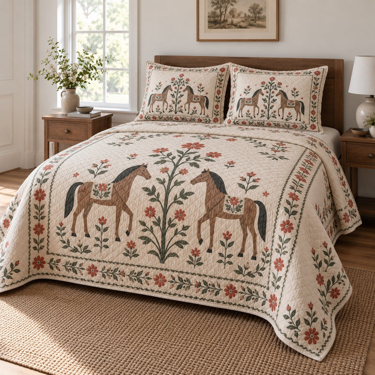 Cream Folk Stable Horse Folk Garden Quilt Set, angled horse folk garden bedroom view
