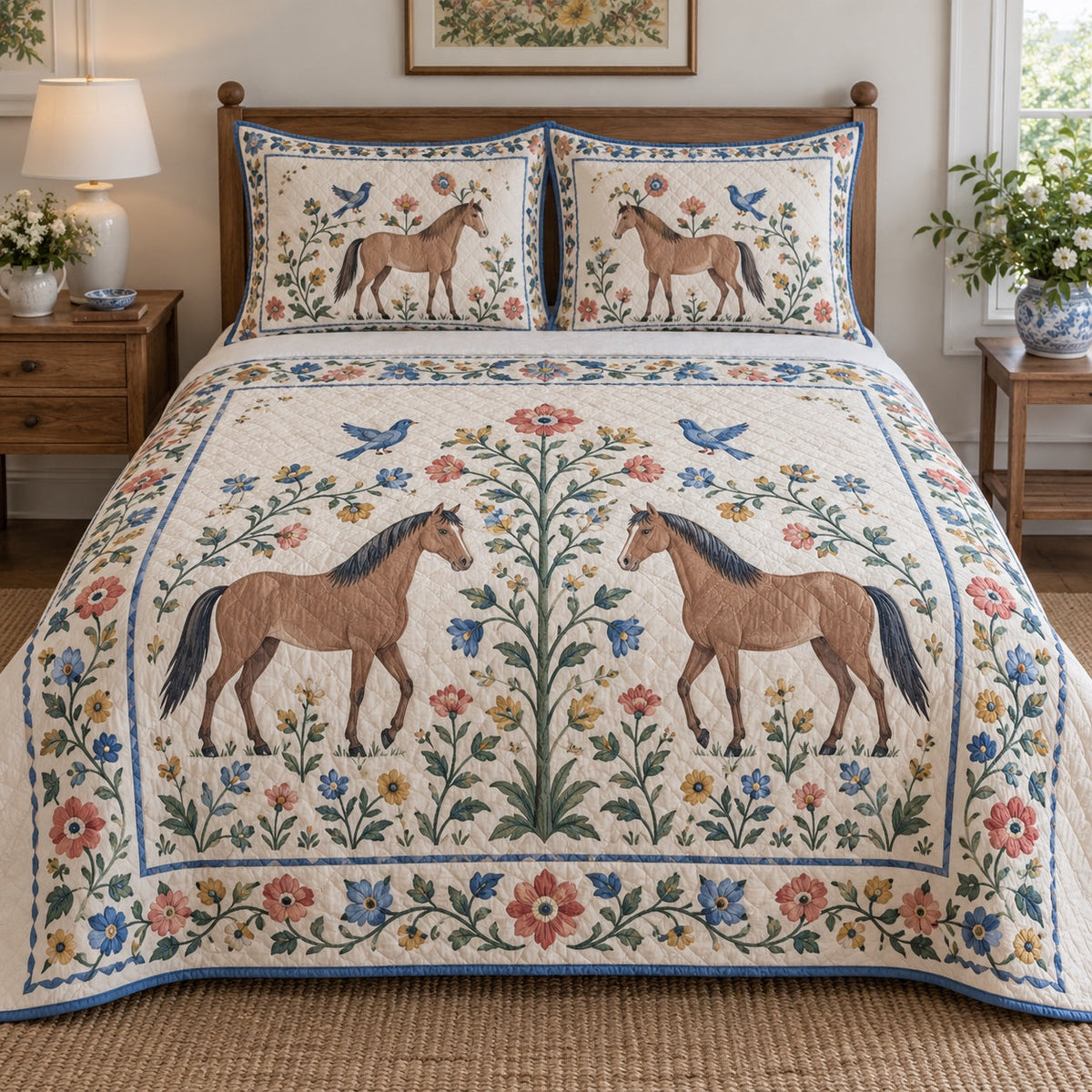 Bluebird Folk Meadow Horse Folk Garden Quilt Set, front horse folk garden bedroom view