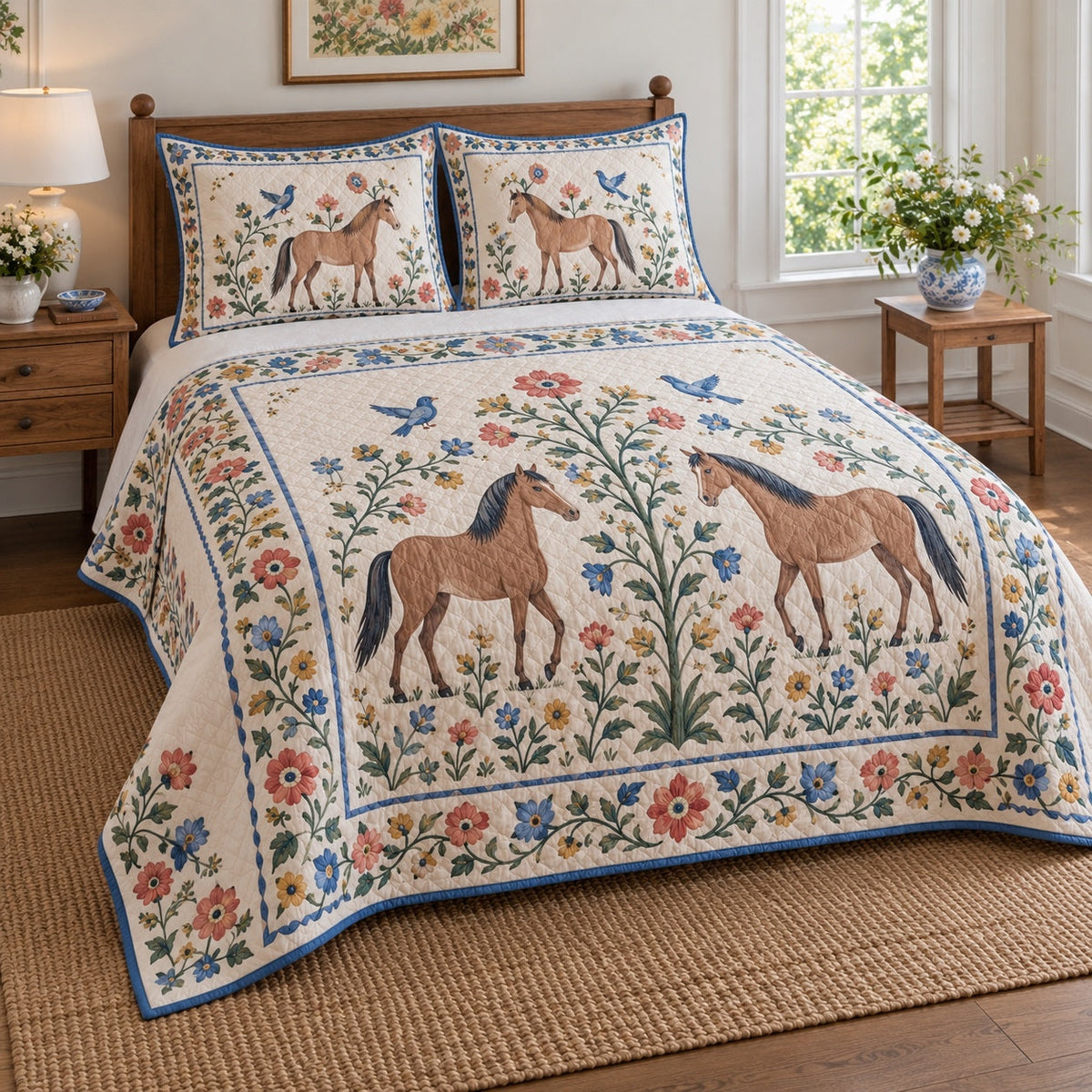 Bluebird Folk Meadow Horse Folk Garden Quilt Set, angled horse folk garden bedroom view