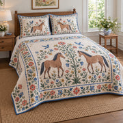 Bluebird Folk Meadow Horse Folk Garden Quilt Set, angled horse folk garden bedroom view