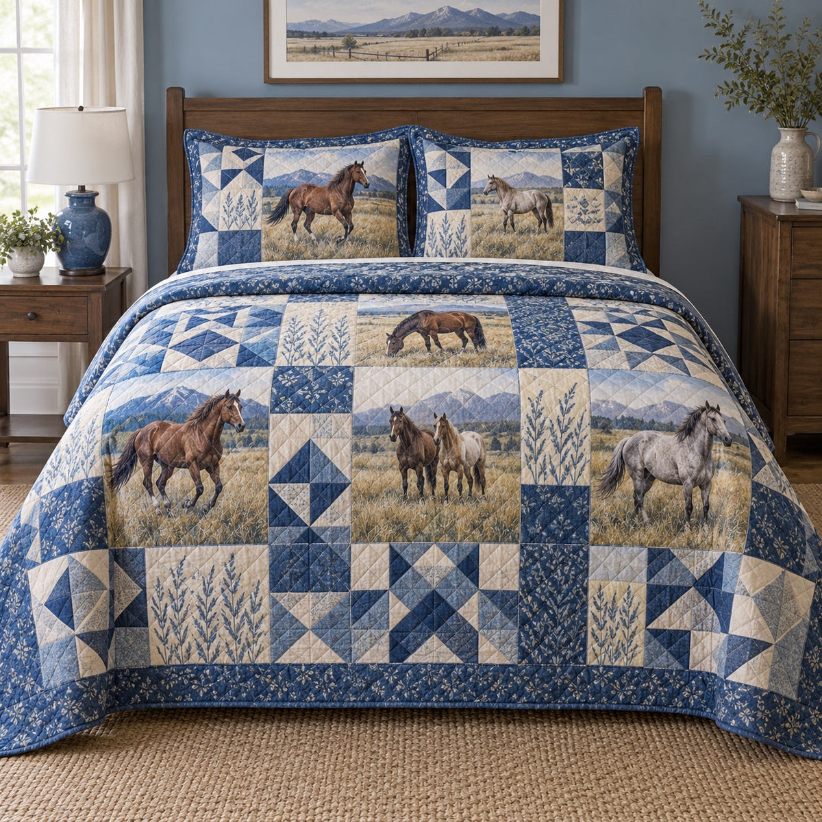 Prairie Blue Print Horse Prairie Patchwork Print Quilt Set, front horse prairie patchwork print bedroom view