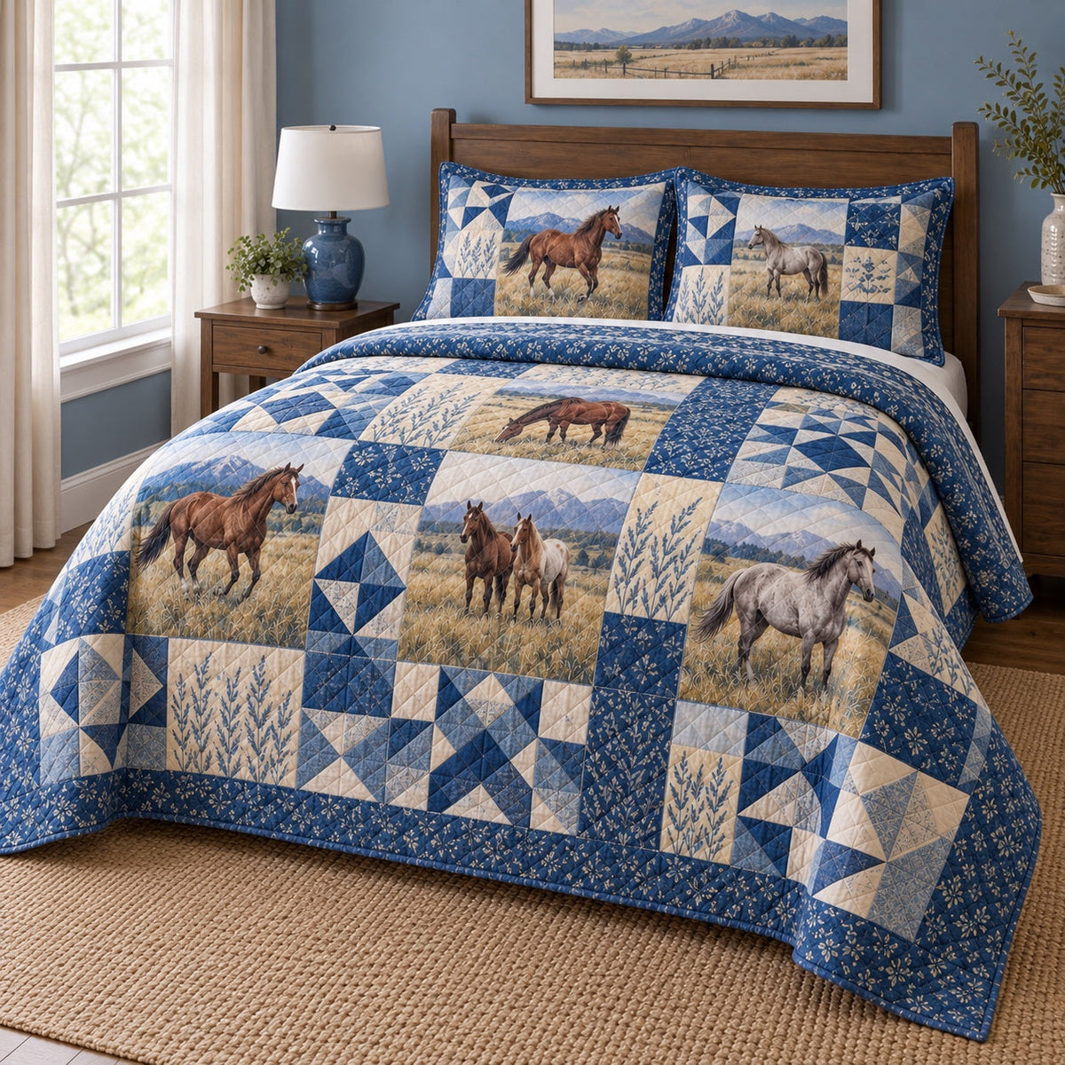 Prairie Blue Print Horse Prairie Patchwork Print Quilt Set, angled horse prairie patchwork print bedroom view