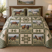 Sage Pasture Print Horse Prairie Patchwork Print Quilt Set, front horse prairie patchwork print bedroom view