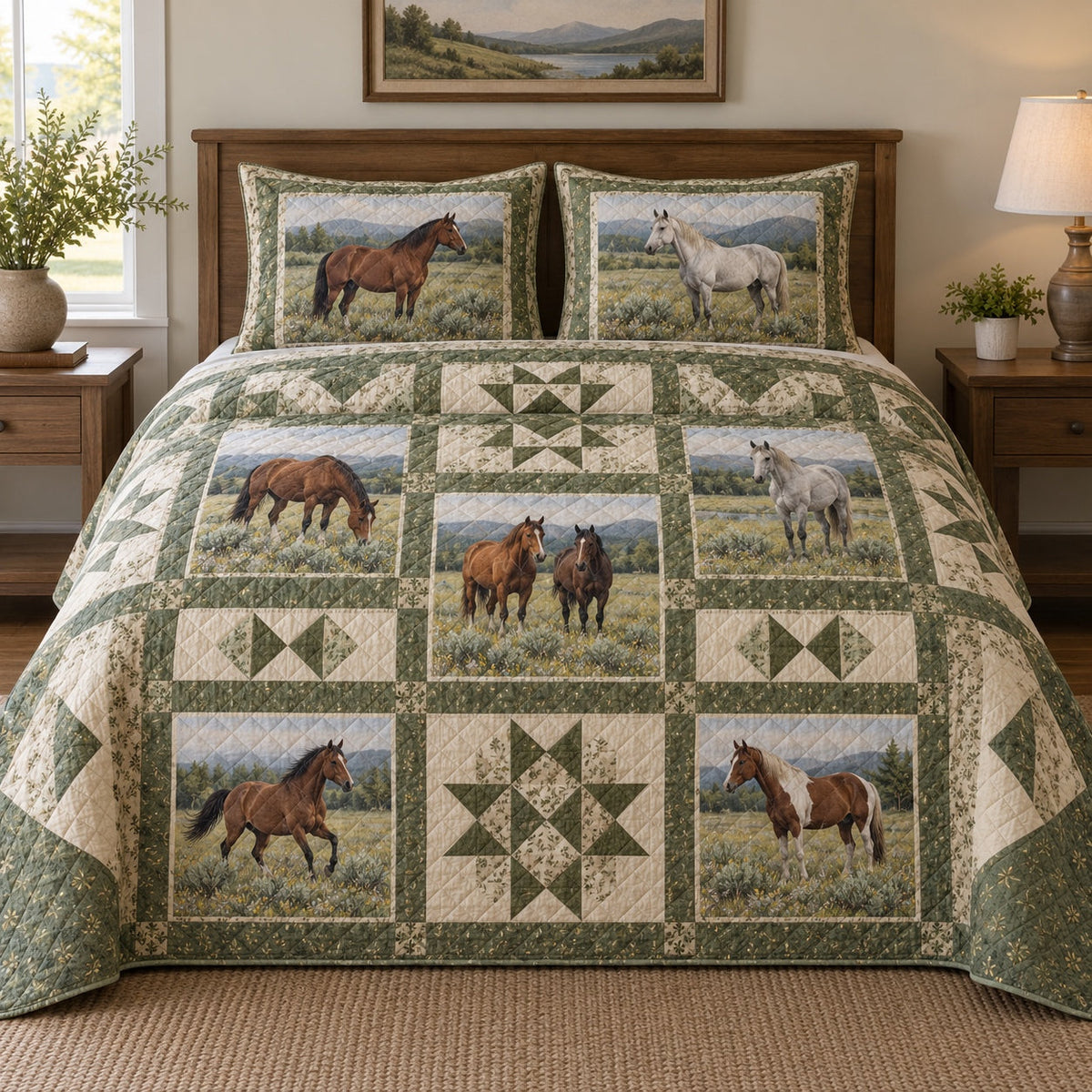 Sage Pasture Print Horse Prairie Patchwork Print Quilt Set, front horse prairie patchwork print bedroom view