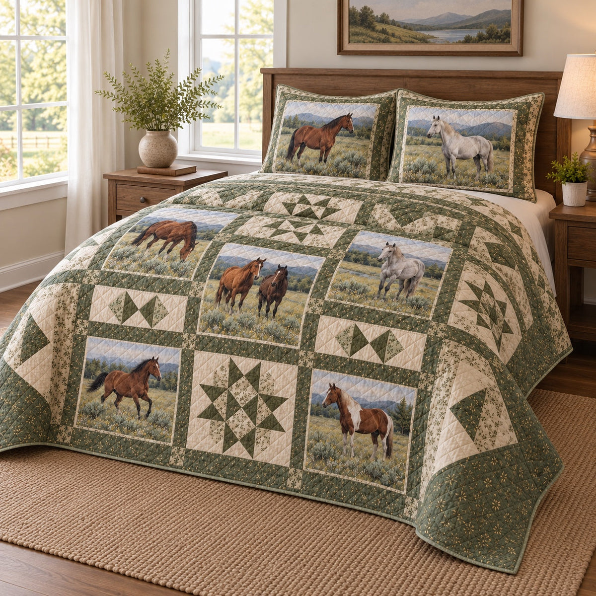 Sage Pasture Print Horse Prairie Patchwork Print Quilt Set, angled horse prairie patchwork print bedroom view
