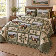 Sage Pasture Print Horse Prairie Patchwork Print Quilt Set, angled horse prairie patchwork print bedroom view
