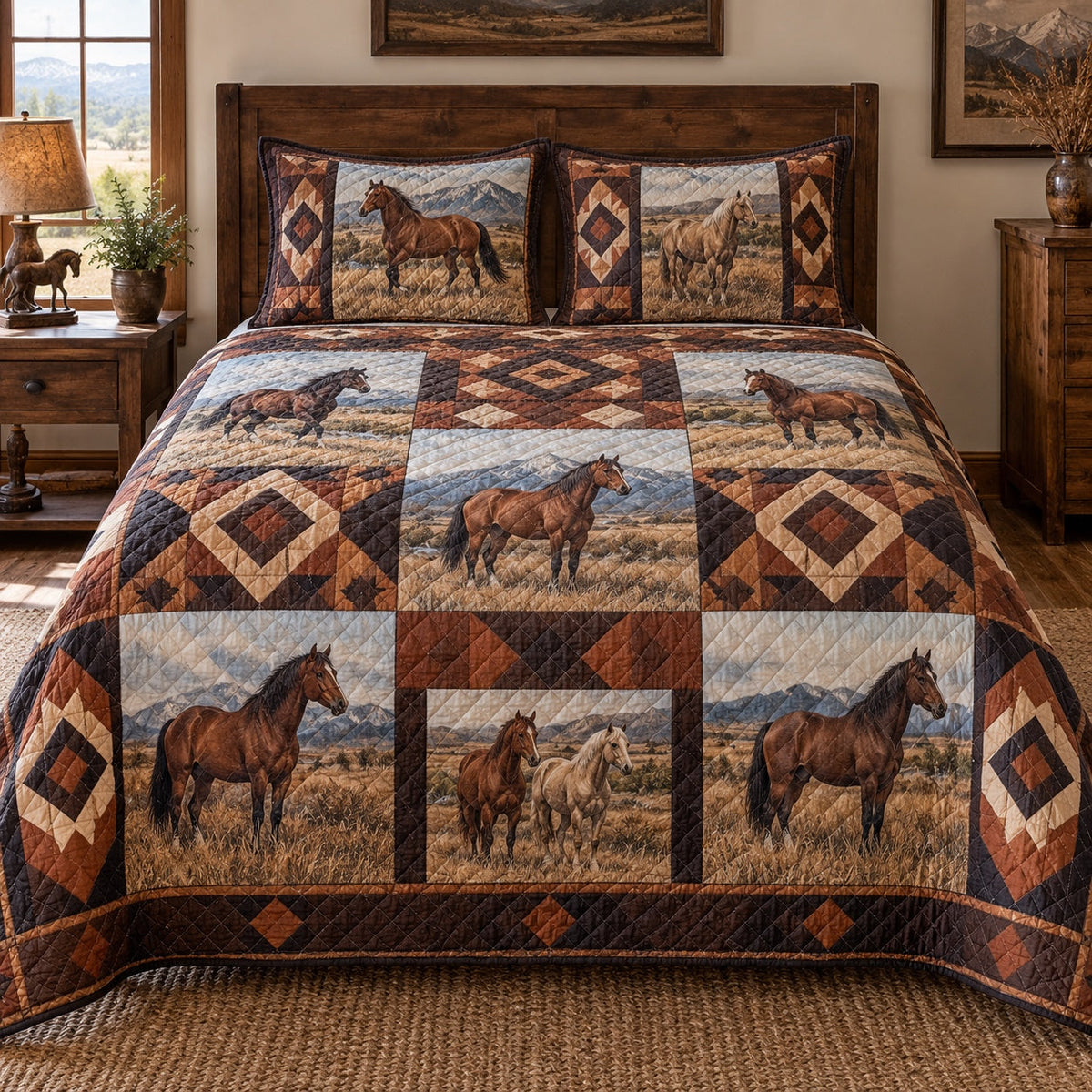 Copper Canyon Print Horse Prairie Patchwork Print Quilt Set, front horse prairie patchwork print bedroom view