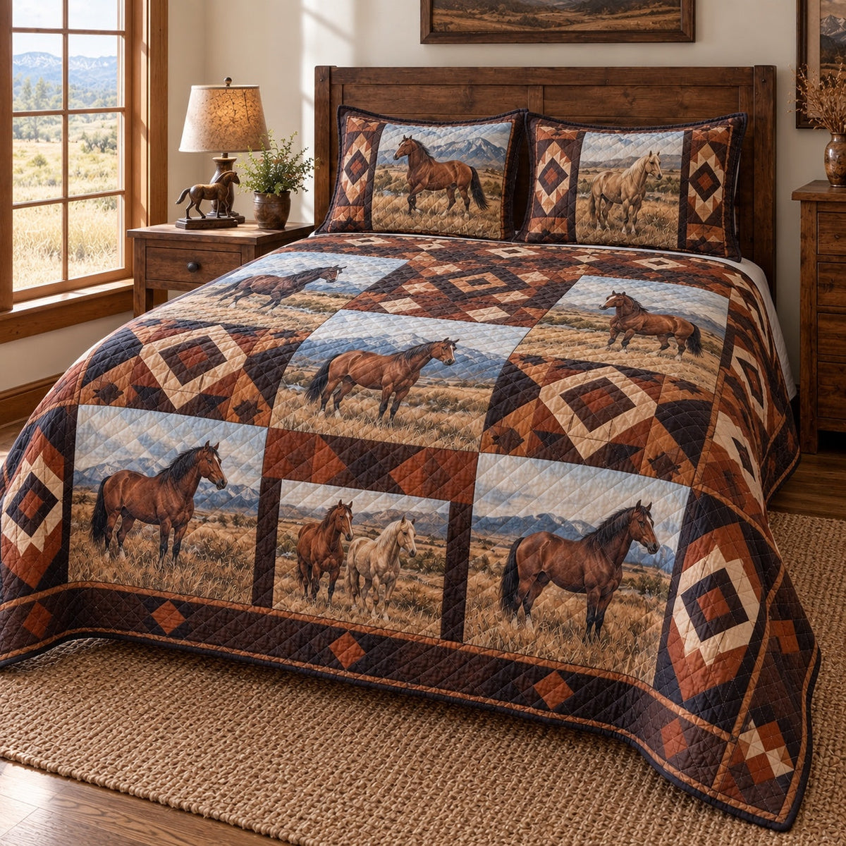 Copper Canyon Print Horse Prairie Patchwork Print Quilt Set, angled horse prairie patchwork print bedroom view