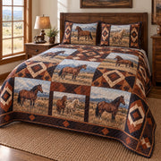 Copper Canyon Print Horse Prairie Patchwork Print Quilt Set, angled horse prairie patchwork print bedroom view