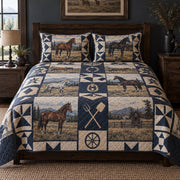Indigo Stable Print Horse Prairie Patchwork Print Quilt Set, front horse prairie patchwork print bedroom view