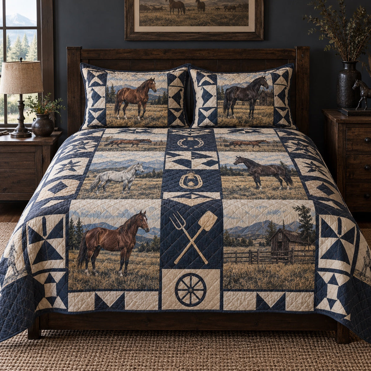 Indigo Stable Print Horse Prairie Patchwork Print Quilt Set, front horse prairie patchwork print bedroom view