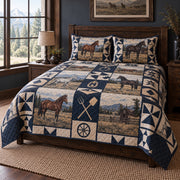 Indigo Stable Print Horse Prairie Patchwork Print Quilt Set, angled horse prairie patchwork print bedroom view