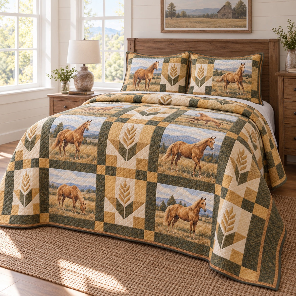 Golden Field Print Horse Prairie Patchwork Print Quilt Set, angled horse prairie patchwork print bedroom view