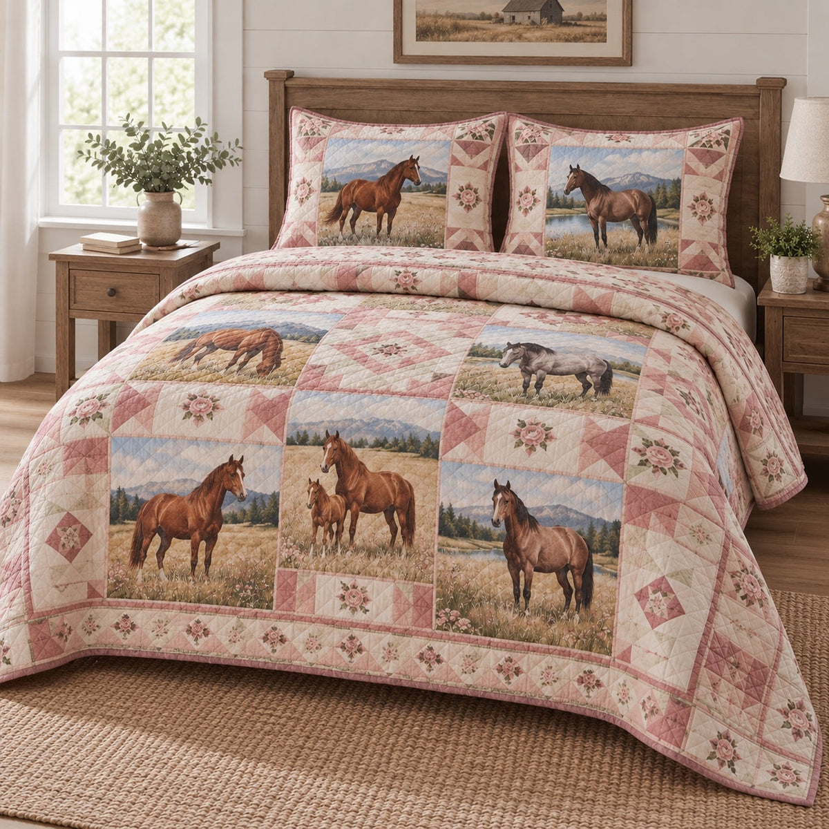 Rose Prairie Print Horse Prairie Patchwork Print Quilt Set, angled horse prairie patchwork print bedroom view