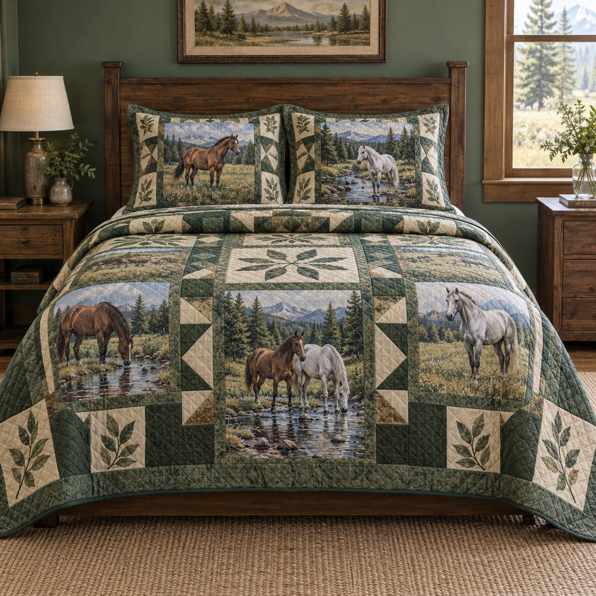 Olive Creek Print Horse Prairie Patchwork Print Quilt Set, front horse prairie patchwork print bedroom view