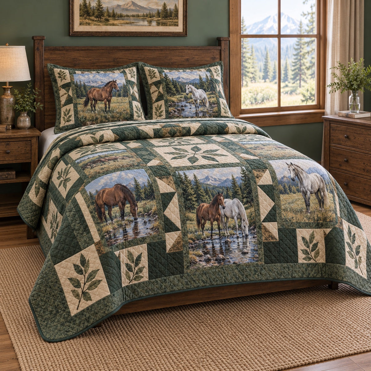 Olive Creek Print Horse Prairie Patchwork Print Quilt Set, angled horse prairie patchwork print bedroom view