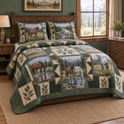 Olive Creek Print Horse Prairie Patchwork Print Quilt Set, angled horse prairie patchwork print bedroom view