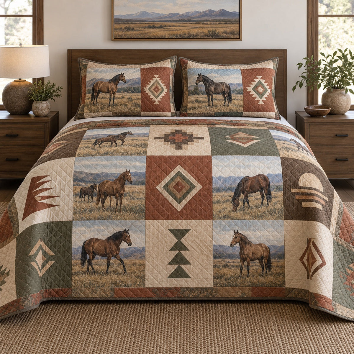 Terracotta Trail Print Horse Prairie Patchwork Print Quilt Set, front horse prairie patchwork print bedroom view