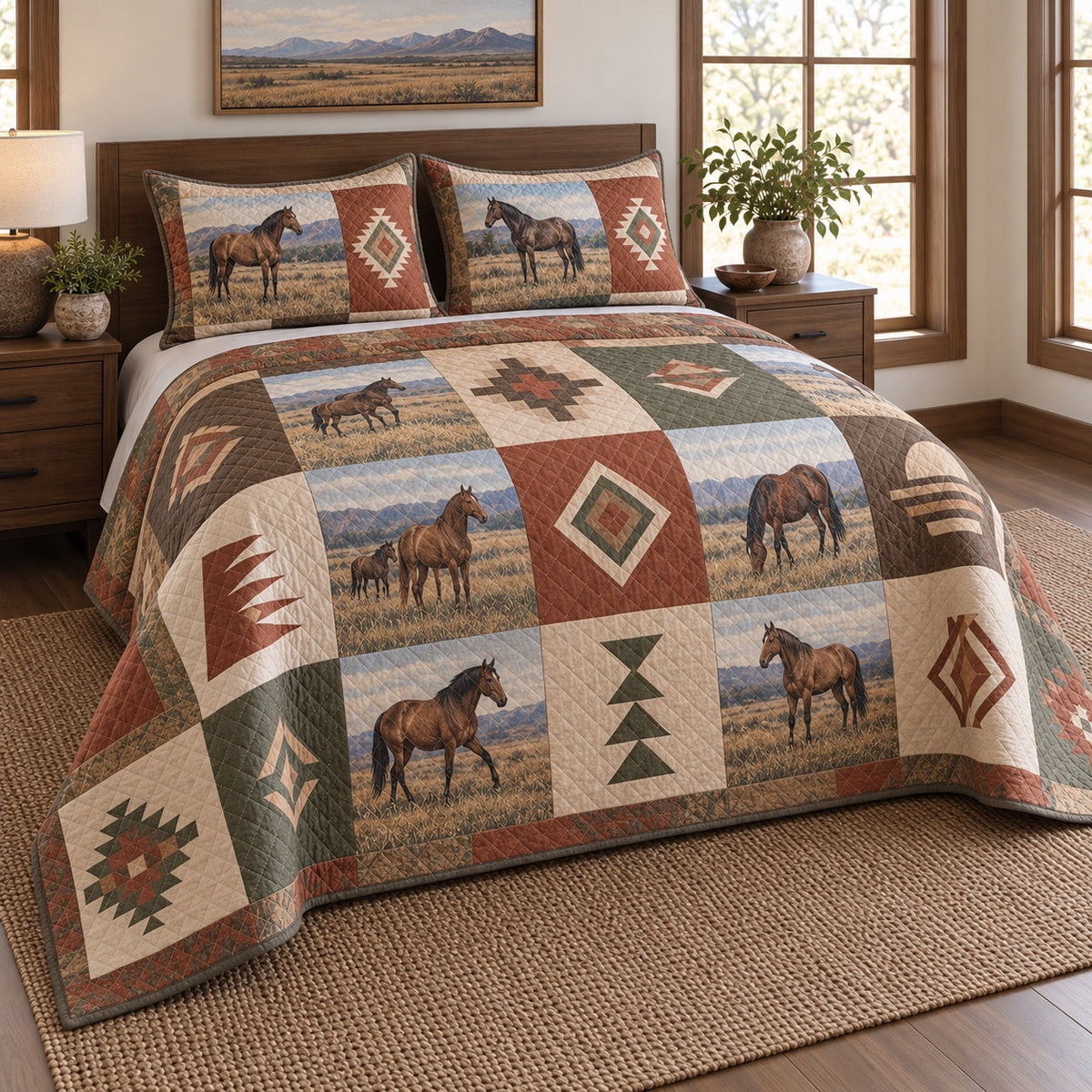Terracotta Trail Print Horse Prairie Patchwork Print Quilt Set, angled horse prairie patchwork print bedroom view