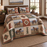 Terracotta Trail Print Horse Prairie Patchwork Print Quilt Set, angled horse prairie patchwork print bedroom view