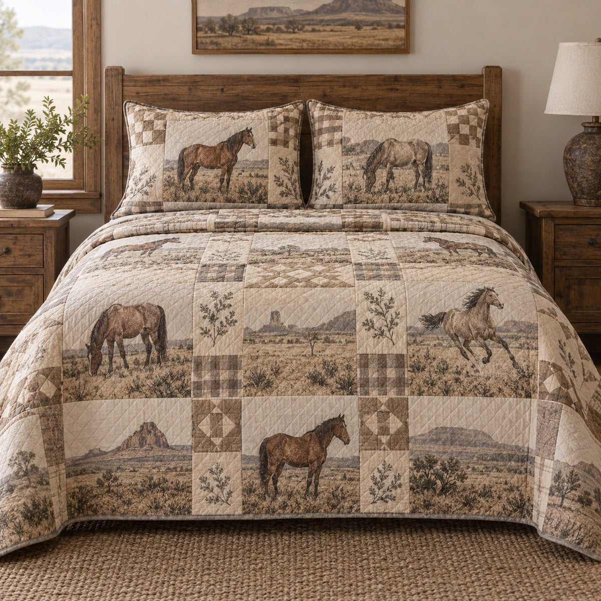 Linen Ranch Print Horse Prairie Patchwork Print Quilt Set, front horse prairie patchwork print bedroom view