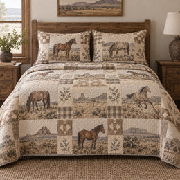Linen Ranch Print Horse Prairie Patchwork Print Quilt Set