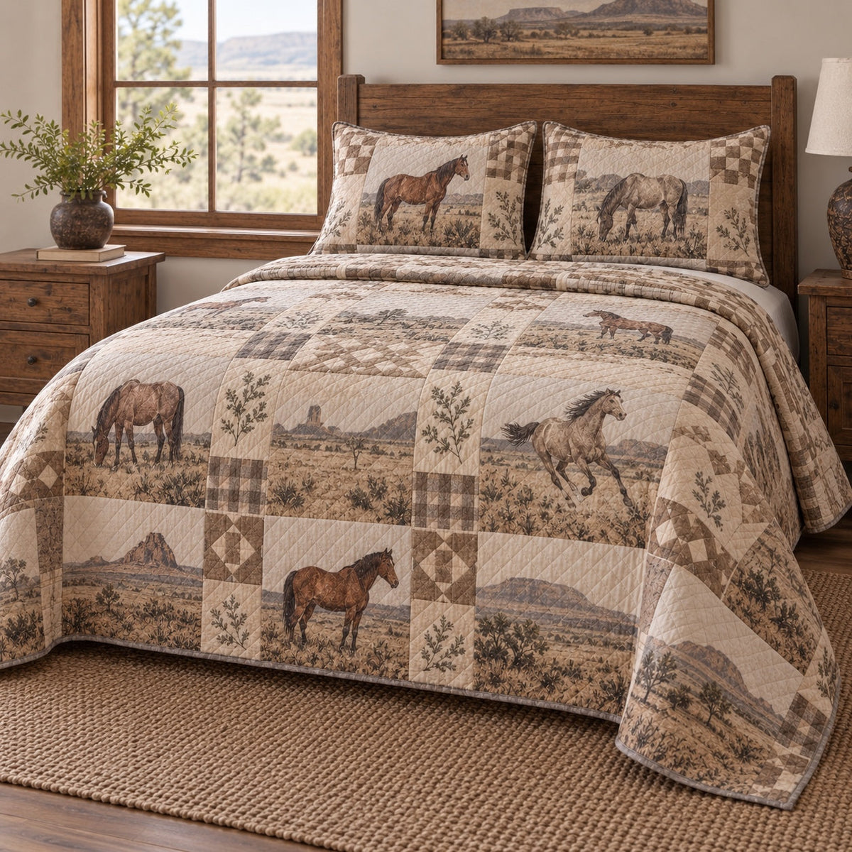 Linen Ranch Print Horse Prairie Patchwork Print Quilt Set, angled horse prairie patchwork print bedroom view