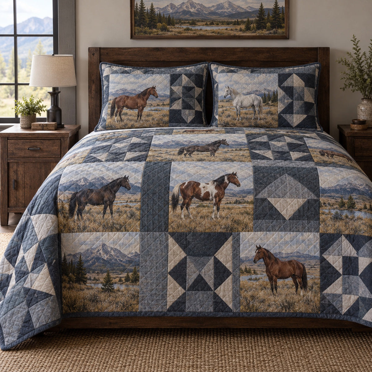 Slate Mountain Print Horse Prairie Patchwork Print Quilt Set, front horse prairie patchwork print bedroom view