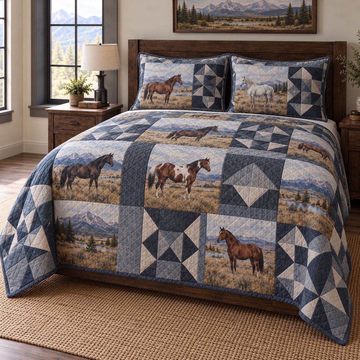 Slate Mountain Print Horse Prairie Patchwork Print Quilt Set, angled horse prairie patchwork print bedroom view