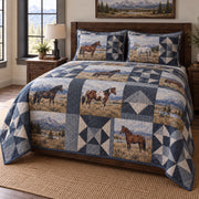 Slate Mountain Print Horse Prairie Patchwork Print Quilt Set, angled horse prairie patchwork print bedroom view