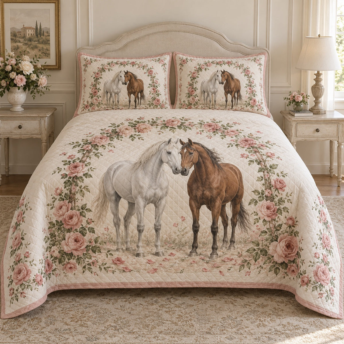 Rose Arbor Horse Horse Romantic Rose Quilt Set, front horse romantic rose bedroom view