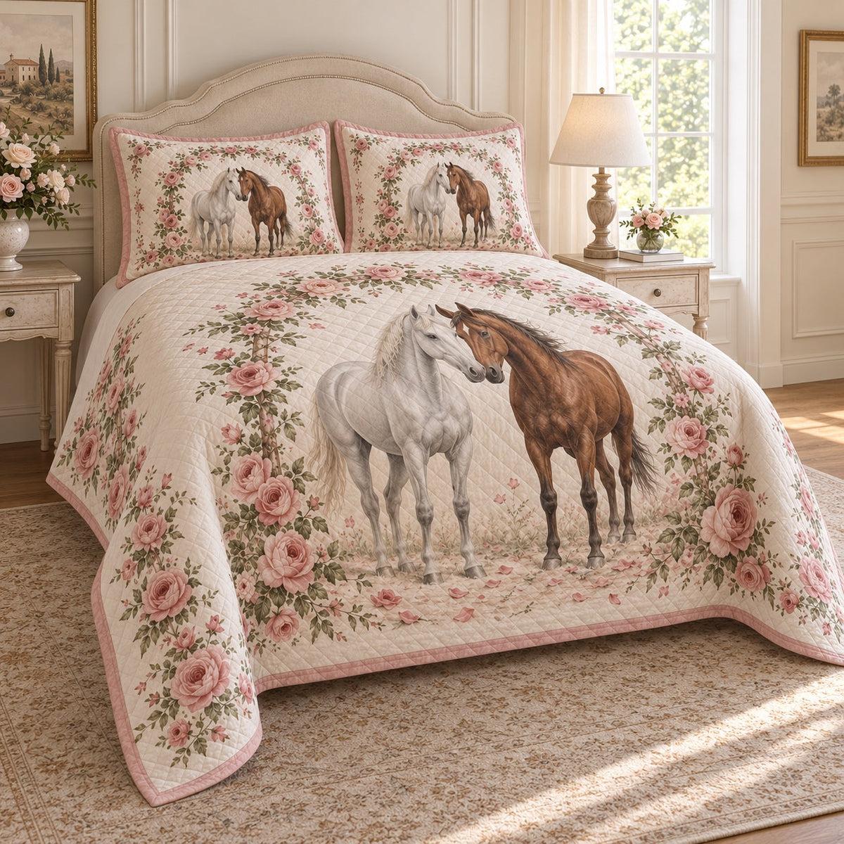 Rose Arbor Horse Horse Romantic Rose Quilt Set, angled horse romantic rose bedroom view