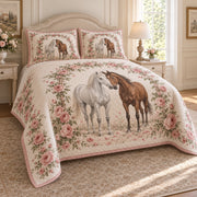 Rose Arbor Horse Horse Romantic Rose Quilt Set, angled horse romantic rose bedroom view