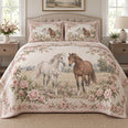 Blush Meadow Pair Horse Romantic Rose Quilt Set