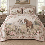 Blush Meadow Pair Horse Romantic Rose Quilt Set, front horse romantic rose bedroom view