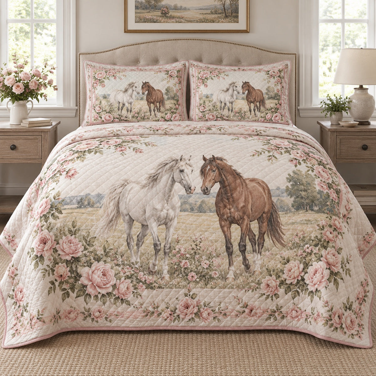 Blush Meadow Pair Horse Romantic Rose Quilt Set, front horse romantic rose bedroom view