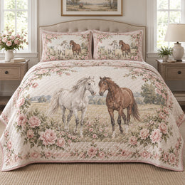 Blush Meadow Pair Horse Romantic Rose Quilt Set