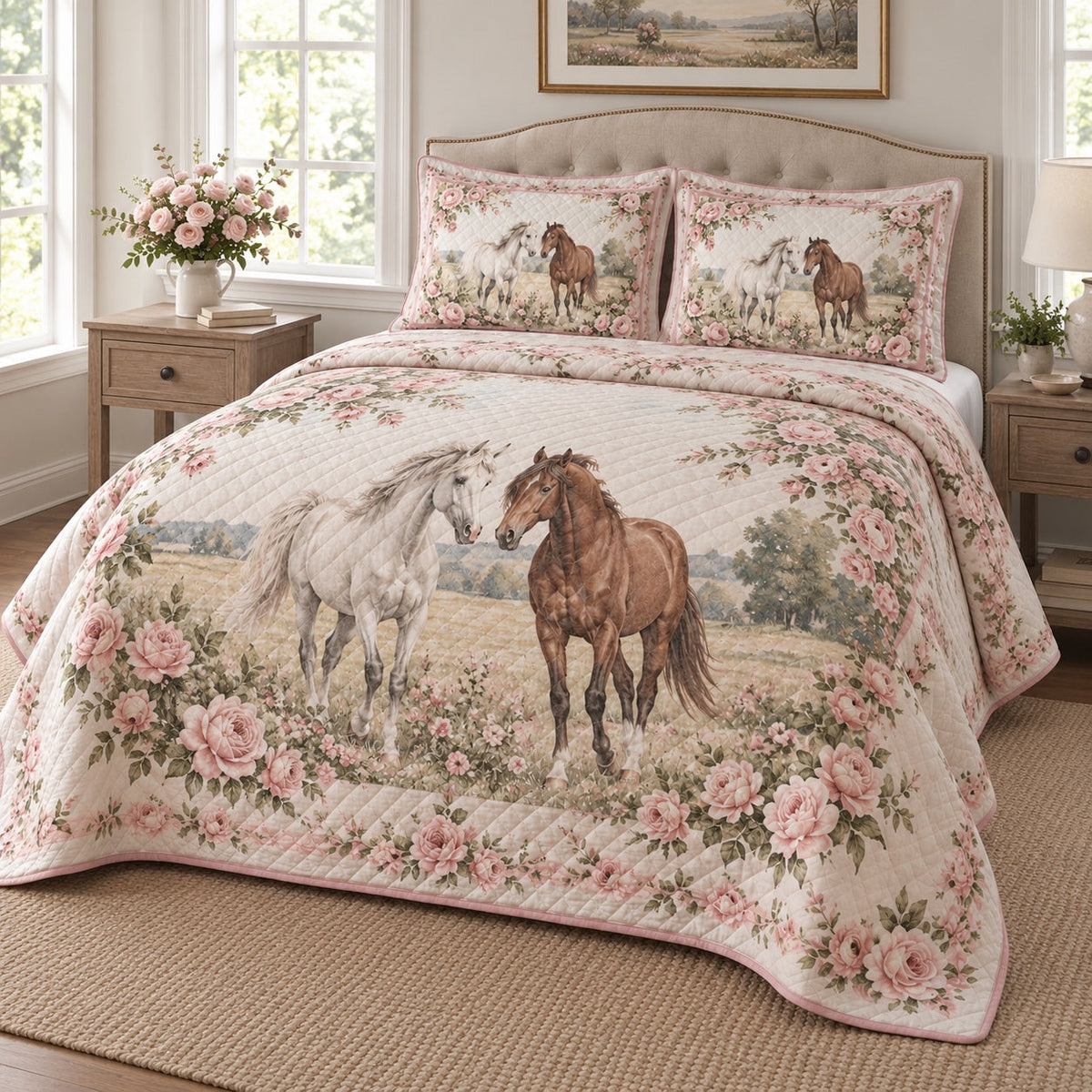 Blush Meadow Pair Horse Romantic Rose Quilt Set, angled horse romantic rose bedroom view