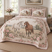 Blush Meadow Pair Horse Romantic Rose Quilt Set, angled horse romantic rose bedroom view