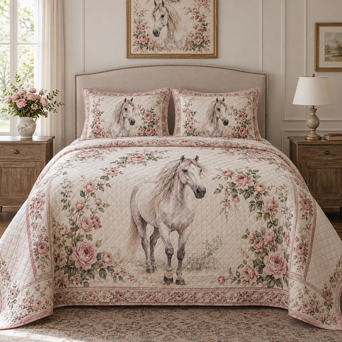 Ivory Rose Portrait Horse Romantic Rose Quilt Set, front horse romantic rose bedroom view