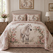Ivory Rose Portrait Horse Romantic Rose Quilt Set, front horse romantic rose bedroom view
