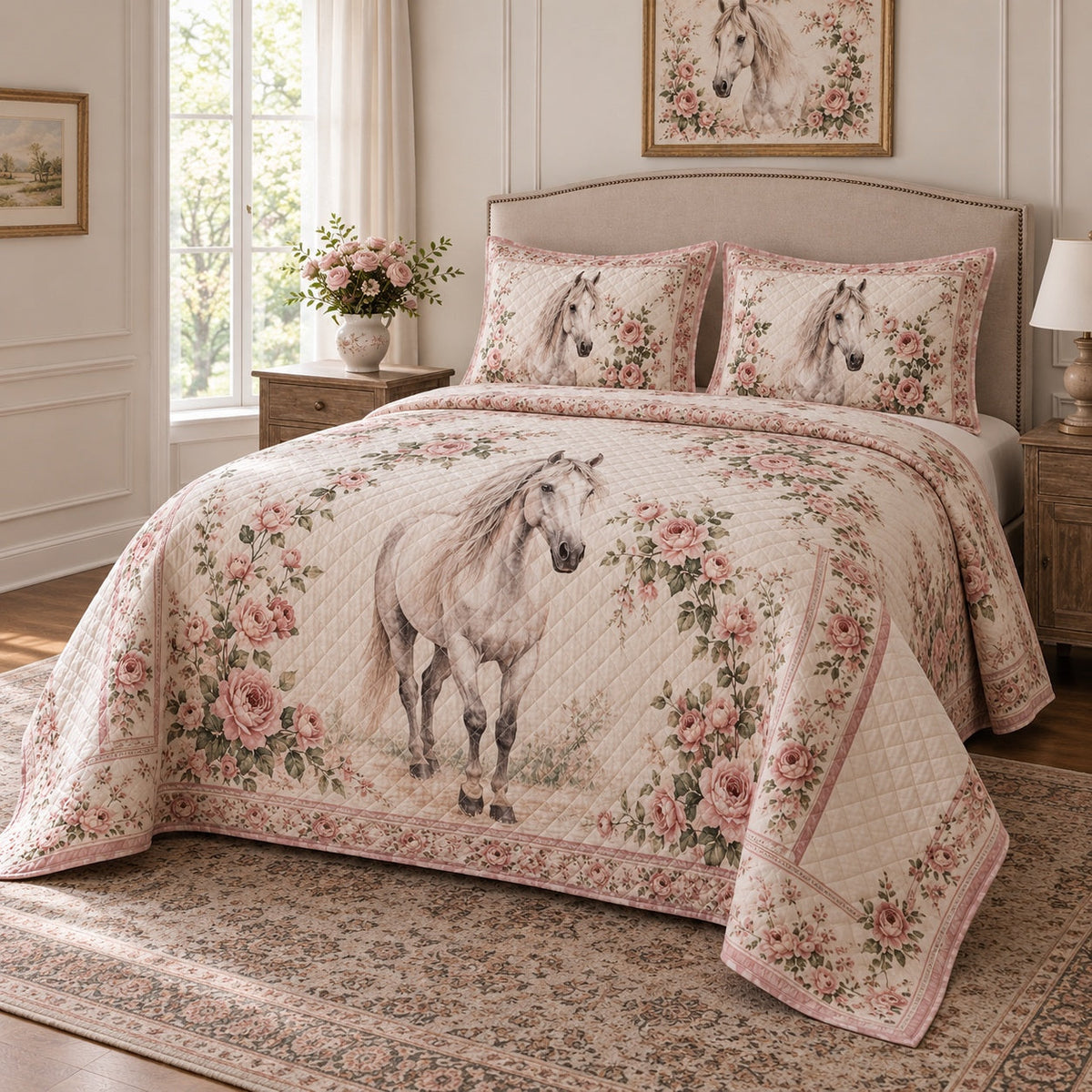 Ivory Rose Portrait Horse Romantic Rose Quilt Set, angled horse romantic rose bedroom view