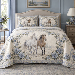 Blue Rose Stable Horse Romantic Rose Quilt Set