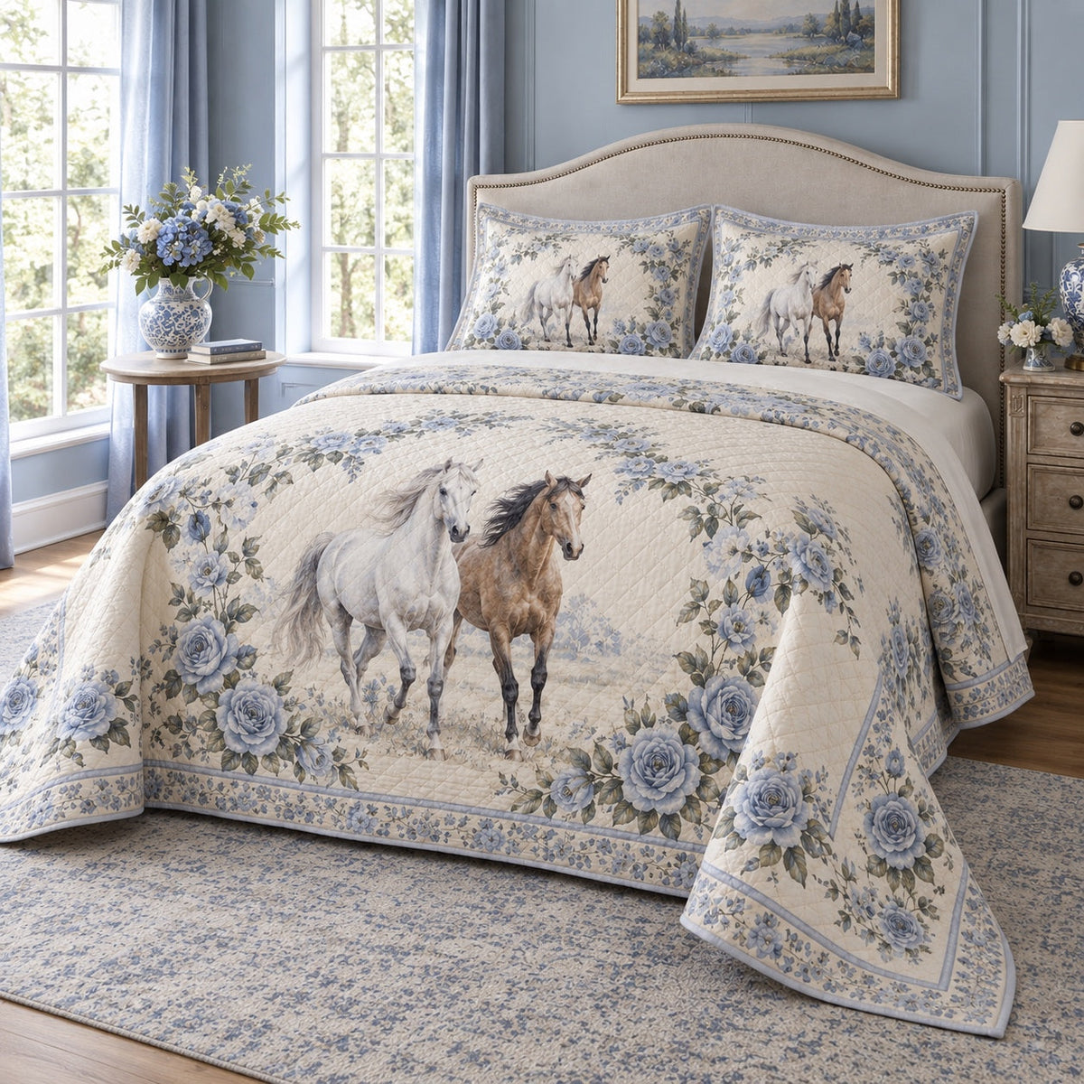 Blue Rose Stable Horse Romantic Rose Quilt Set, angled horse romantic rose bedroom view