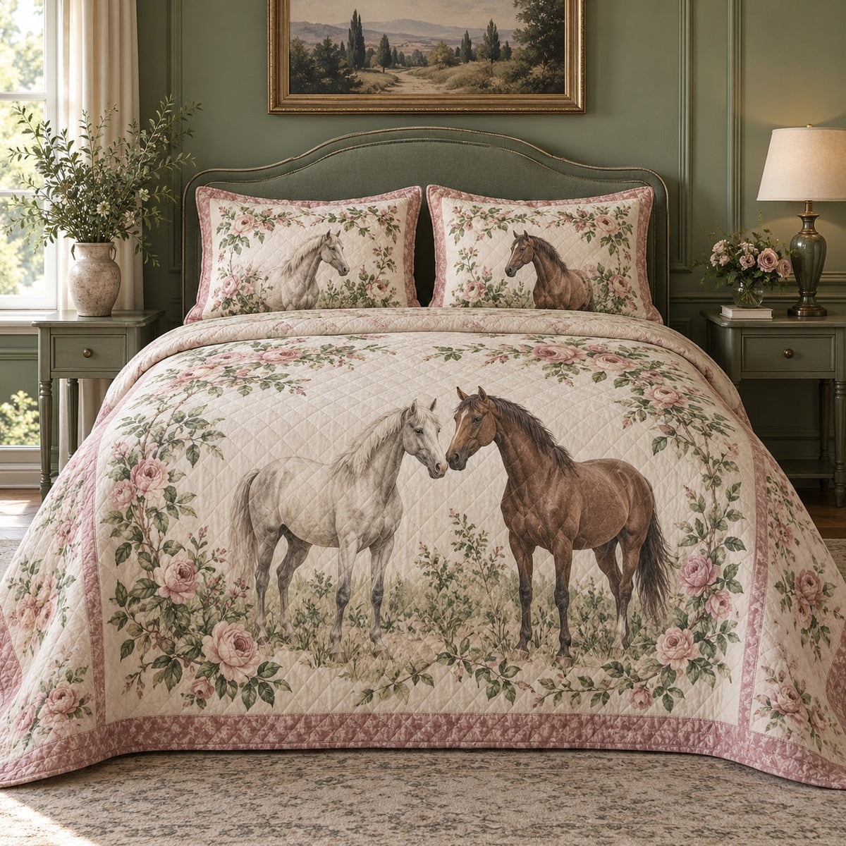 Sage Rose Bower Horse Romantic Rose Quilt Set, front horse romantic rose bedroom view