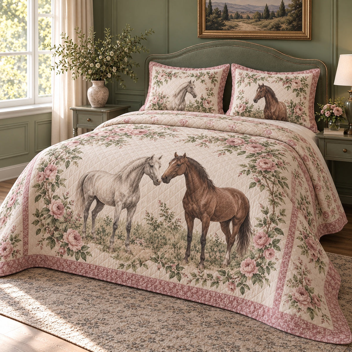 Sage Rose Bower Horse Romantic Rose Quilt Set, angled horse romantic rose bedroom view