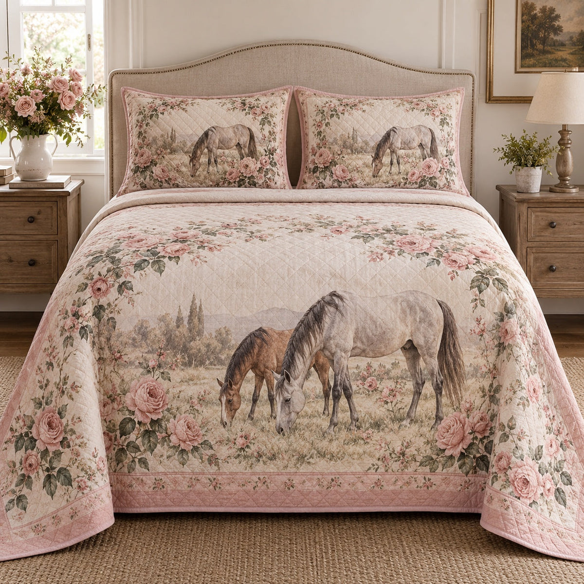 Dusty Pink Pasture Horse Romantic Rose Quilt Set, front horse romantic rose bedroom view